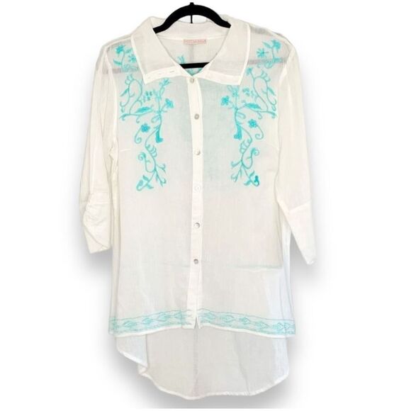 Piccola Bella Linen Button Front Blue Embroidery Shirt Cover-Up Women’s Size - M - Picture 1 of 9